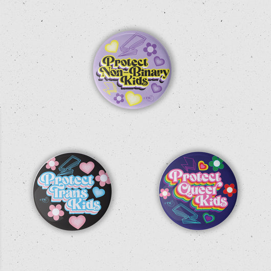 Original artwork by Tiny Werewolves | 3 Pack Retro Protect T/NB/Q Kids Button Pins in 1" Mini Button 3 Pack | Shop to get your gender neutral Metal Pinback Button