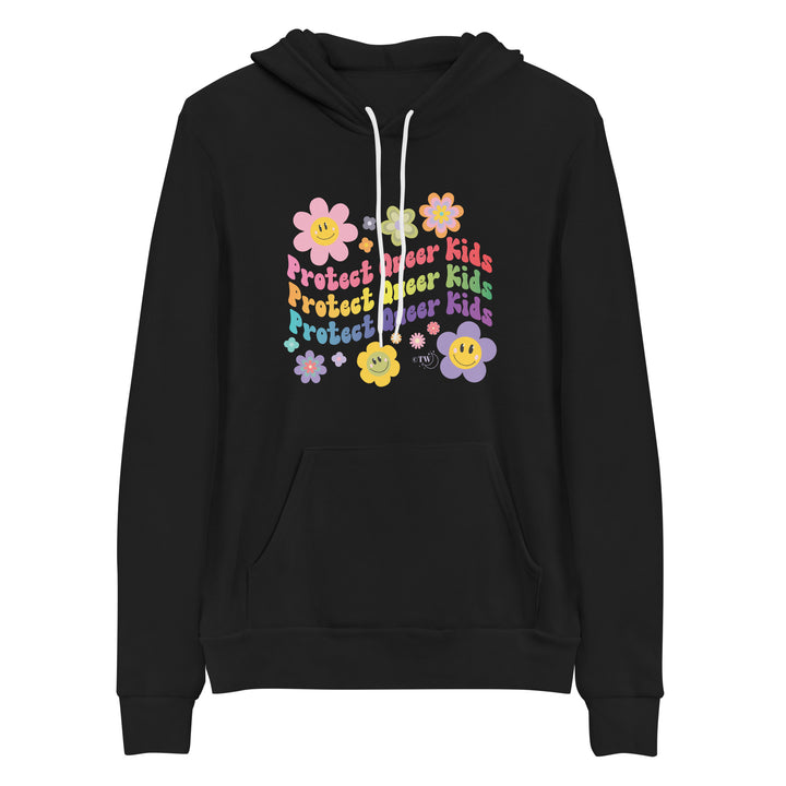 Original artwork by Tiny Werewolves | Retro Flowers Protect Queer Kids Pullover Hoodie in Black | Shop to get your gender neutral Pullover Hoodie