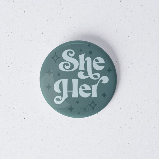 Original artwork by Tiny Werewolves | She / Her Pronouns Retro Stars 1" Mini Button Pin in | Shop to get your gender neutral Metal Pinback Button