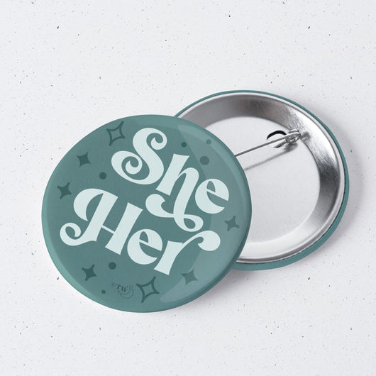 Original artwork by Tiny Werewolves | She / Her Pronouns Retro Stars 1" Mini Button Pin in | Shop to get your gender neutral Metal Pinback Button
