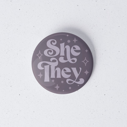 Original artwork by Tiny Werewolves | She / They Pronouns Retro Stars 1" Mini Button Pin in | Shop to get your gender neutral Metal Pinback Button