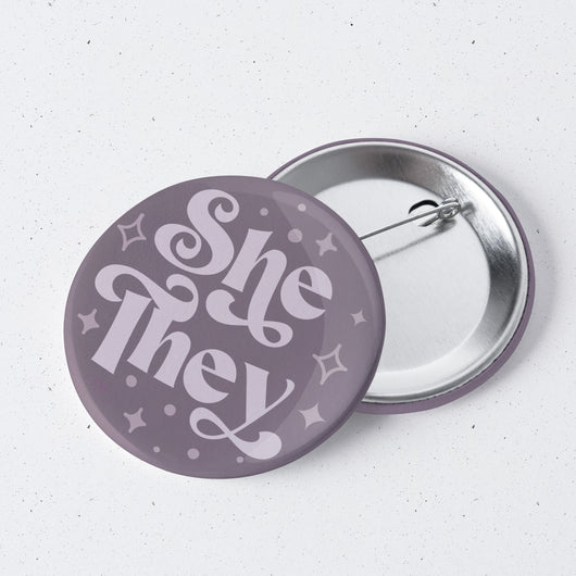 Original artwork by Tiny Werewolves | She / They Pronouns Retro Stars 1" Mini Button Pin in | Shop to get your gender neutral Metal Pinback Button