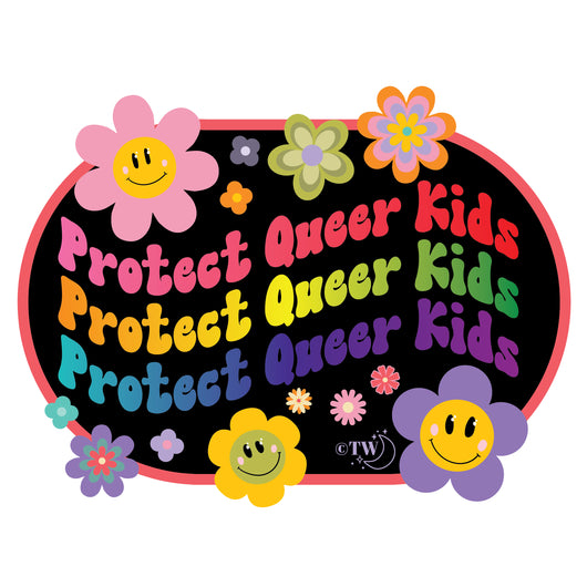 Original artwork by Tiny Werewolves | Retro Flower Protect Queer Kids Decal Sticker in | Shop to get your gender neutral Sticker