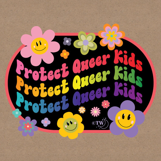 Original artwork by Tiny Werewolves | Retro Flower Protect Queer Kids Decal Sticker in | Shop to get your gender neutral Sticker