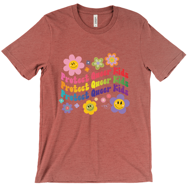 Retro Flowers Protect Queer Kids Unisex Fitted Tee Heather Clay