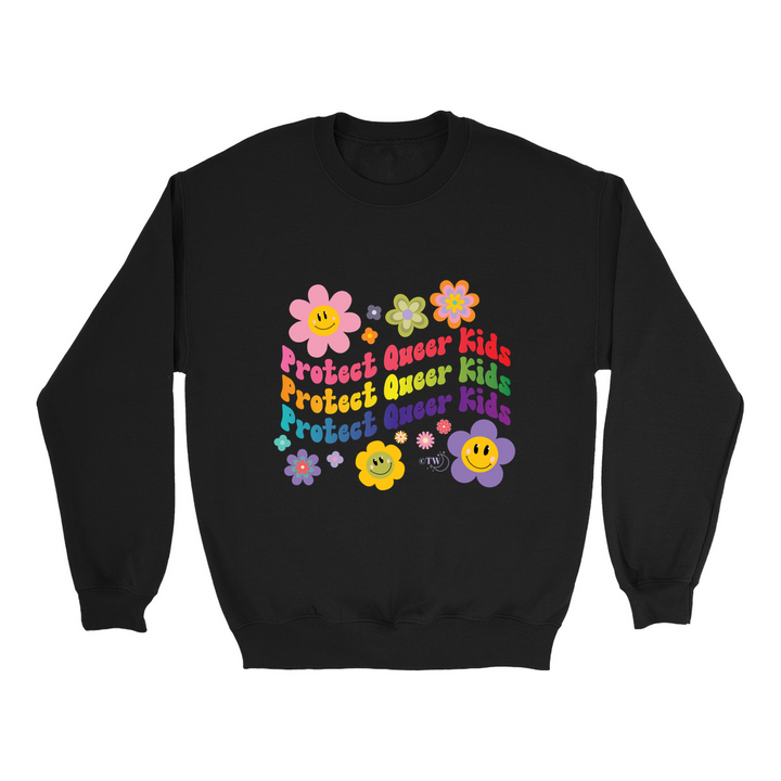 Retro Flowers Protect Queer Kids Unisex Crew Sweatshirt Black
