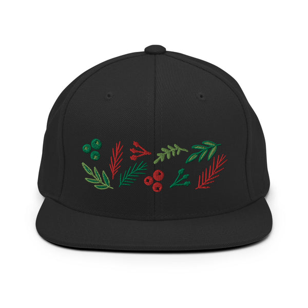 Original artwork by Tiny Werewolves | Leaves and Berries Embroidered Snapback in Black | Shop to get your gender neutral Snapback