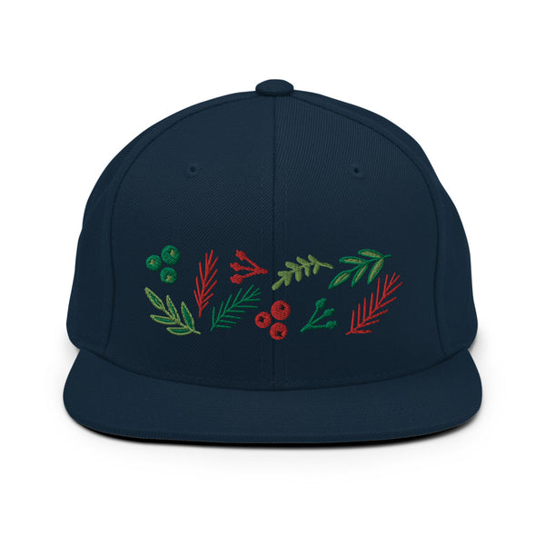 Original artwork by Tiny Werewolves | Leaves and Berries Embroidered Snapback in Dark Navy | Shop to get your gender neutral Snapback