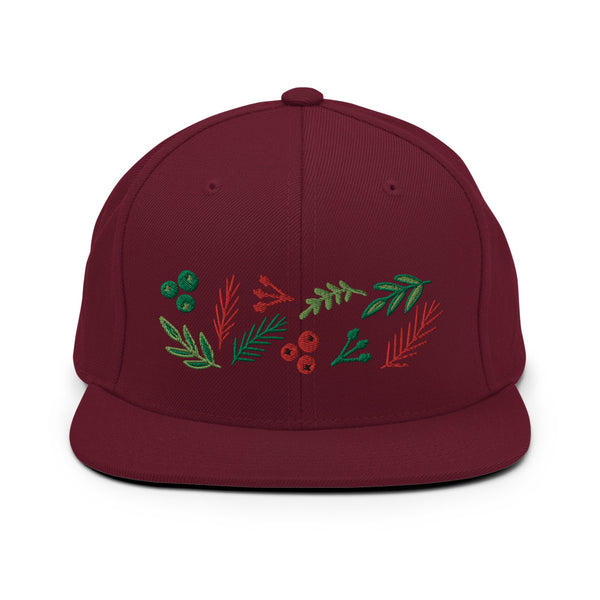 Original artwork by Tiny Werewolves | Leaves and Berries Embroidered Snapback in Maroon | Shop to get your gender neutral Snapback