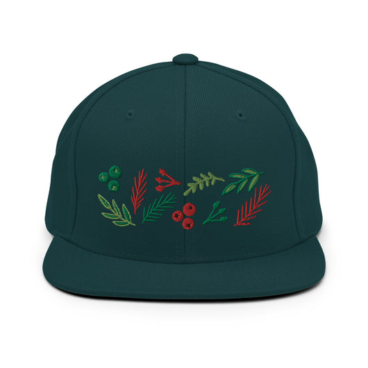 Original artwork by Tiny Werewolves | Leaves and Berries Embroidered Snapback in Spruce | Shop to get your gender neutral Snapback