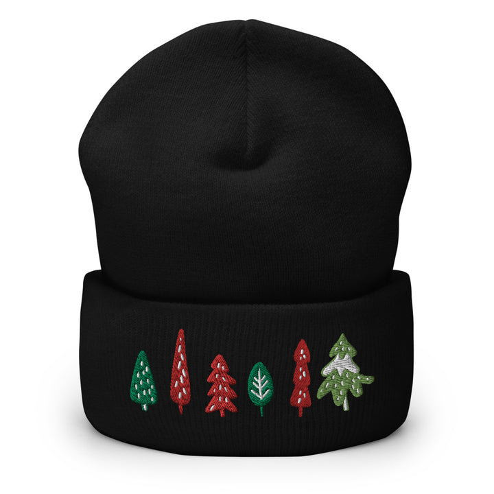 Original artwork by Tiny Werewolves | Trees Embroidered Cuffed Beanie in Black | Shop to get your gender neutral Cuffed Beanie