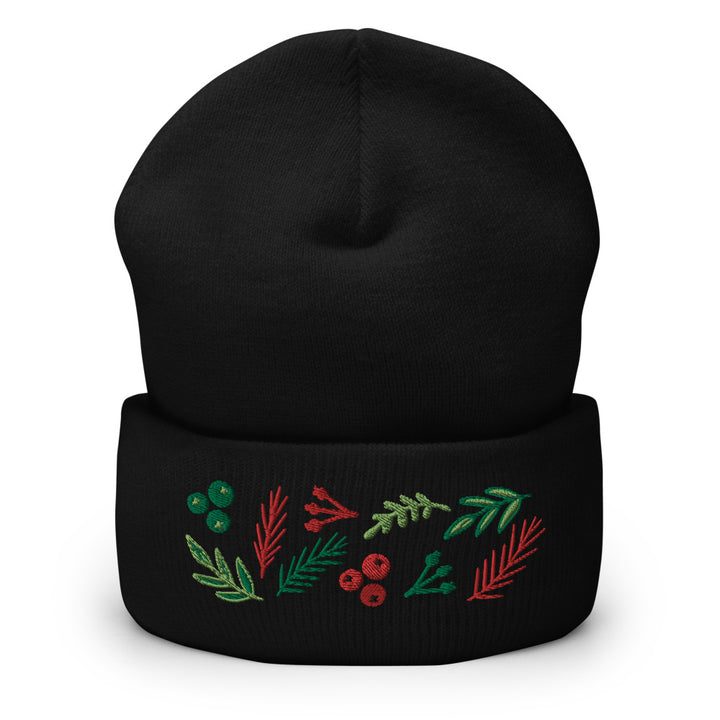 Leaves and Berries Embroidered Cuffed Beanie Black