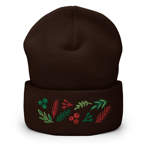 Original artwork by Tiny Werewolves | Leaves & Berries Embroidered Cuffed Beanie in | Shop to get your gender neutral Cuffed Beanie