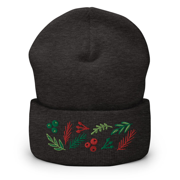 Leaves and Berries Embroidered Cuffed Beanie Dark Grey