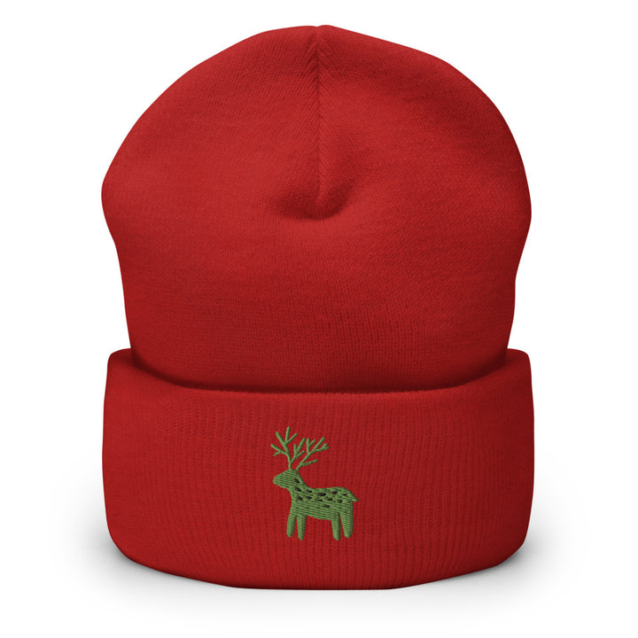 Reindeer Embroidered Cuffed Beanie Red