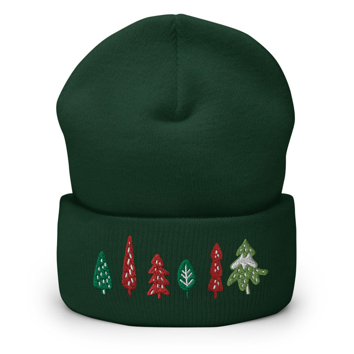 Original artwork by Tiny Werewolves | Trees Embroidered Cuffed Beanie in Spruce | Shop to get your gender neutral Cuffed Beanie