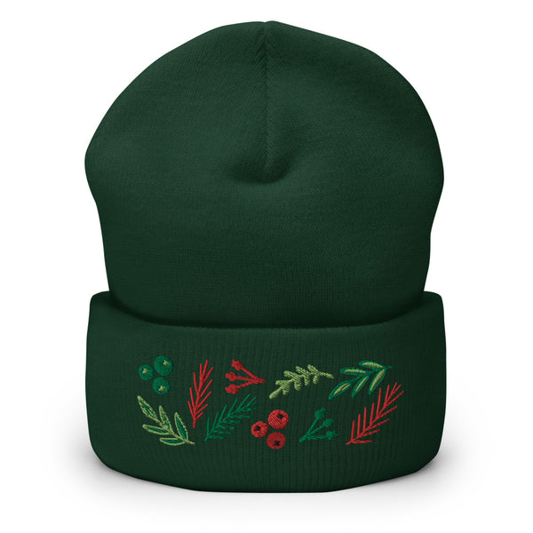 Leaves and Berries Embroidered Cuffed Beanie Spruce