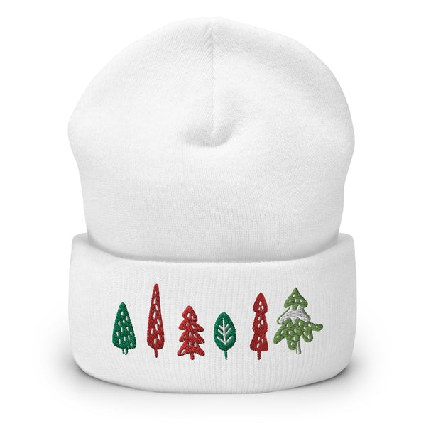 Original artwork by Tiny Werewolves | Trees Embroidered Cuffed Beanie in White | Shop to get your gender neutral Cuffed Beanie