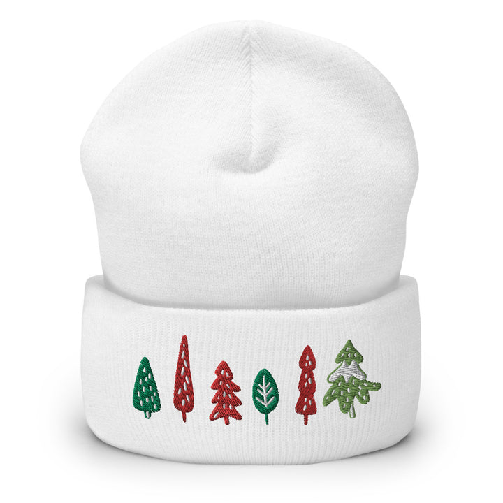 Original artwork by Tiny Werewolves | Trees Embroidered Cuffed Beanie in White | Shop to get your gender neutral Cuffed Beanie