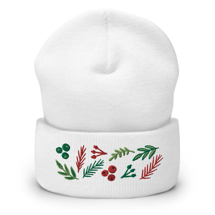 Leaves and Berries Embroidered Cuffed Beanie White