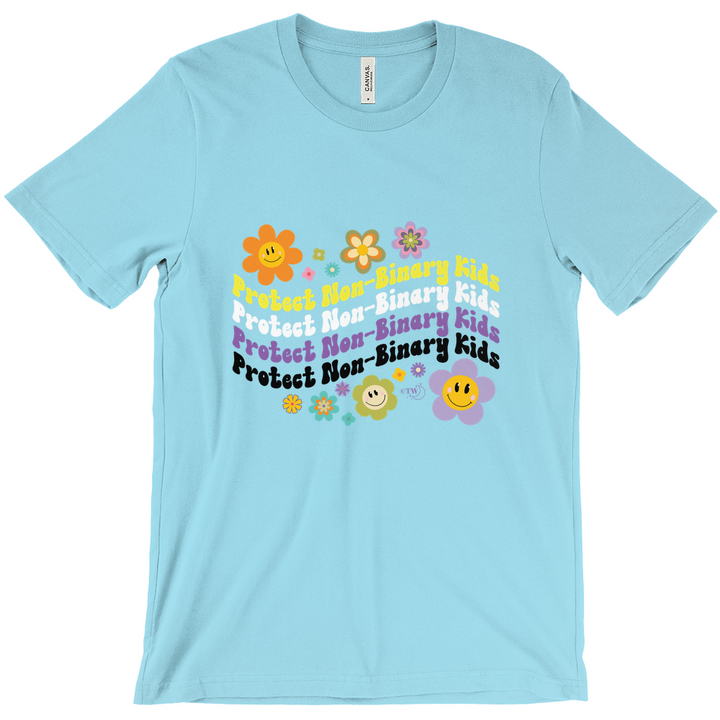 Retro Flowers Protect Non-Binary Kids Unisex Fitted Tee Turquoise