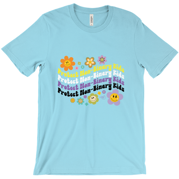 Original artwork by Tiny Werewolves | Retro Flowers Protect Non-Binary Kids Tee in Turquoise | Shop to get your gender neutral Tee