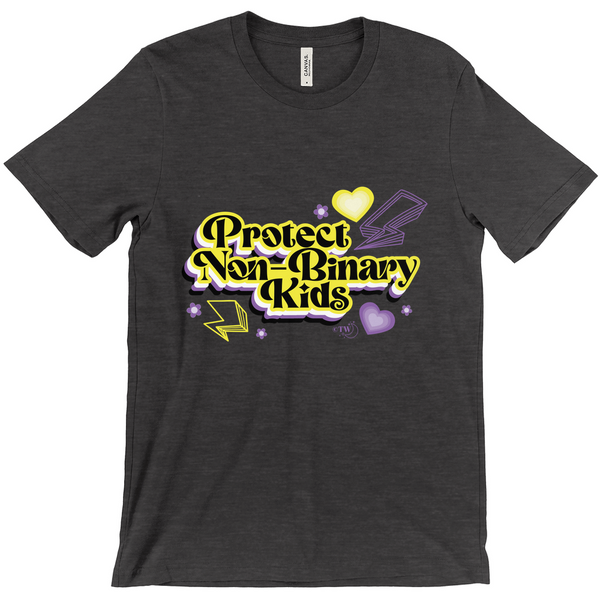 Original artwork by Tiny Werewolves | Retro Protect Non-Binary Kids Tee in Dark Heather Grey | Shop to get your gender neutral Tee