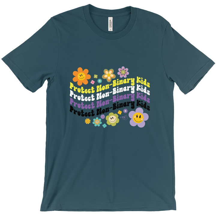 Retro Flowers Protect Non-Binary Kids Unisex Fitted Tee Deep Teal