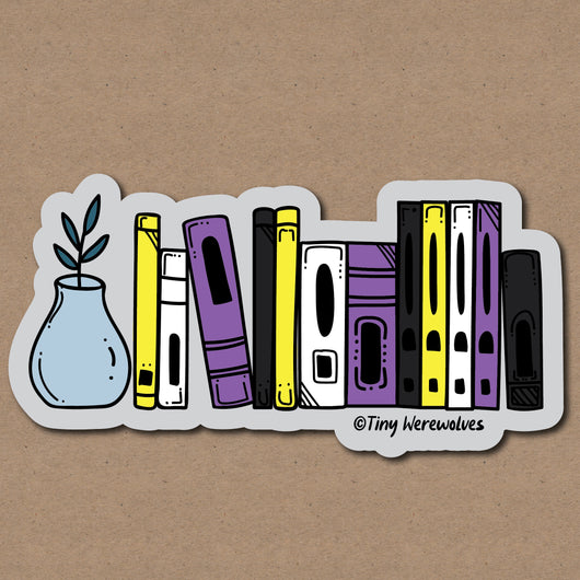 Original artwork by Tiny Werewolves | Non-Binary Bookshelf Pride Sticker in 5" Sticker | Shop to get your gender neutral Sticker