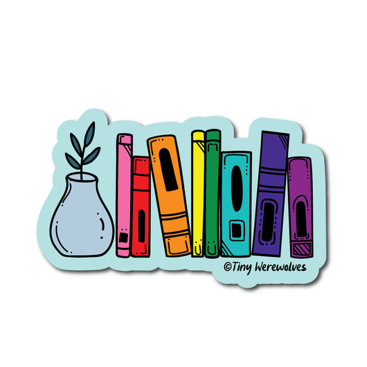 Original artwork by Tiny Werewolves | 1970's Bookshelf Pride Sticker in | Shop to get your gender neutral Sticker