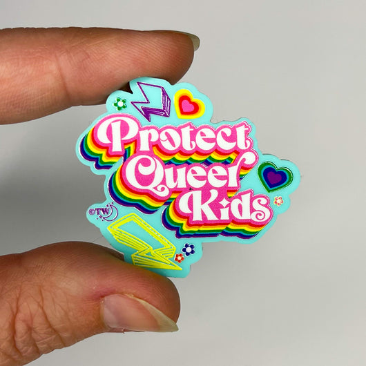 Original artwork by Tiny Werewolves | Retro Protect Queer Kids Acrylic Pin in Aqua | Shop to get your gender neutral Acrylic Pin