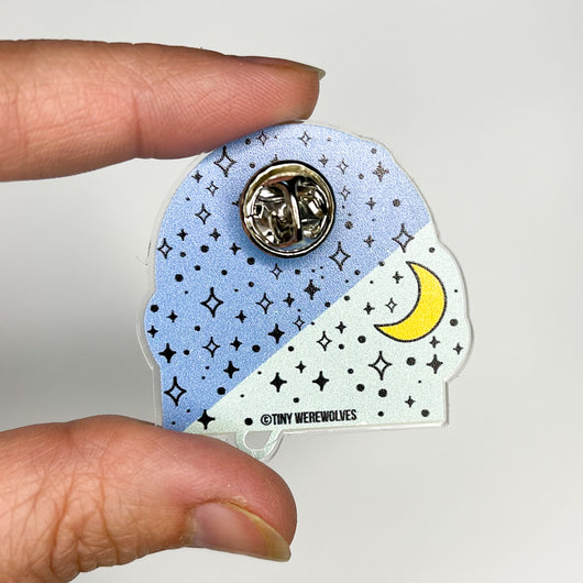 Original artwork by Tiny Werewolves | He / Him Pronouns Bubble Acrylic Pin in | Shop to get your gender neutral Acrylic Pin