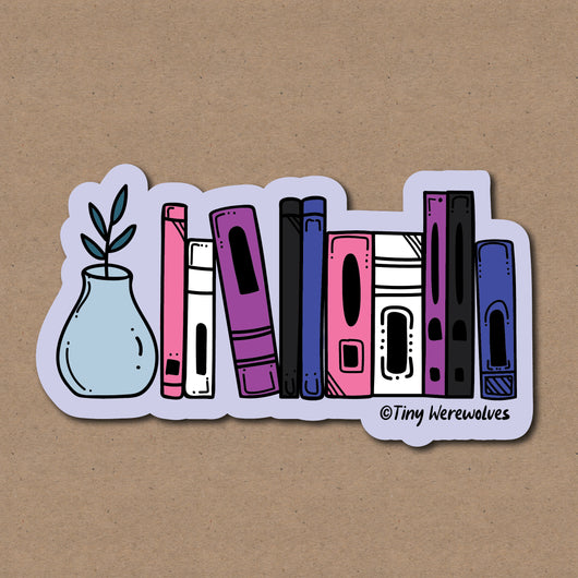 Original artwork by Tiny Werewolves | Genderfluid Bookshelf Pride Sticker in 5" Sticker | Shop to get your gender neutral Sticker