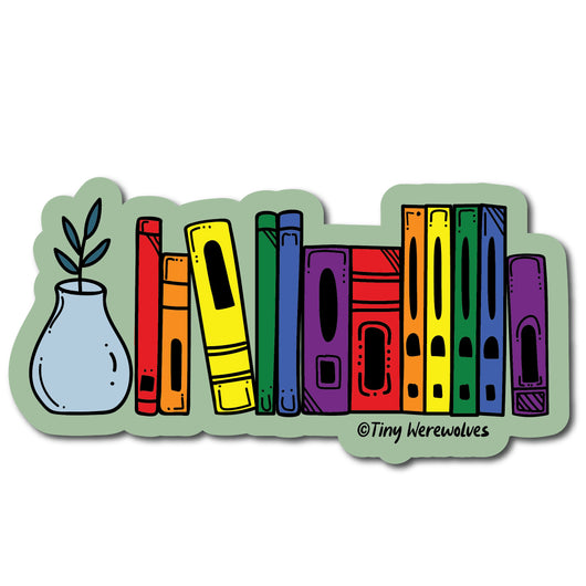 Original artwork by Tiny Werewolves | Rainbow Bookshelf Pride Sticker in | Shop to get your gender neutral Sticker