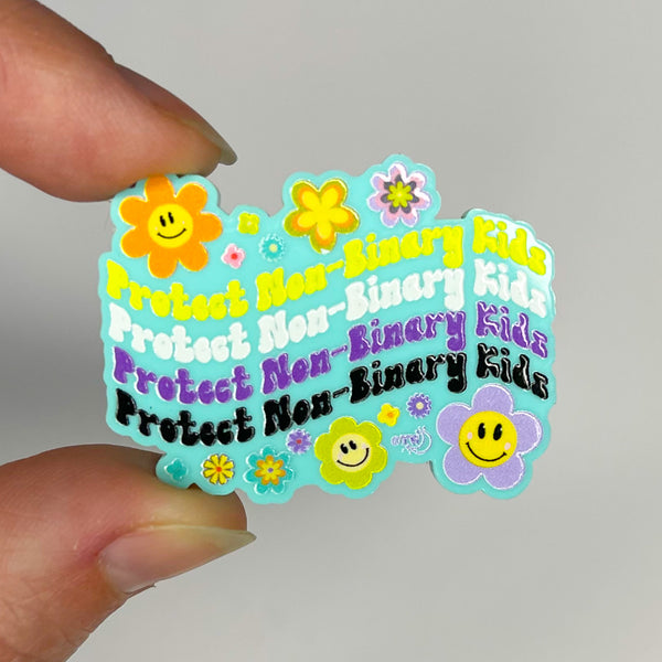 Retro Flowers Protect Non-Binary Kids Mint Acrylic Pin