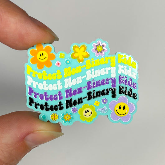 Original artwork by Tiny Werewolves | Retro Flowers Protect Non-Binary Kids Acrylic Pin in | Shop to get your gender neutral Acrylic Pin