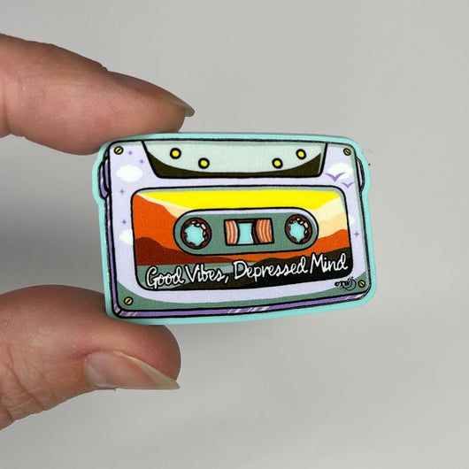 Original artwork by Tiny Werewolves | Good Vibes, Depressed Mind Acrylic Pin in Aqua | Shop to get your gender neutral Acrylic Pin