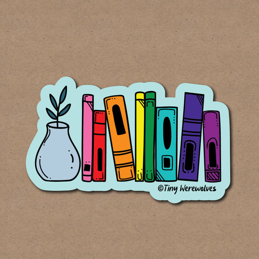 Original artwork by Tiny Werewolves | 1970's Bookshelf Pride Sticker in 5" Sticker | Shop to get your gender neutral Sticker