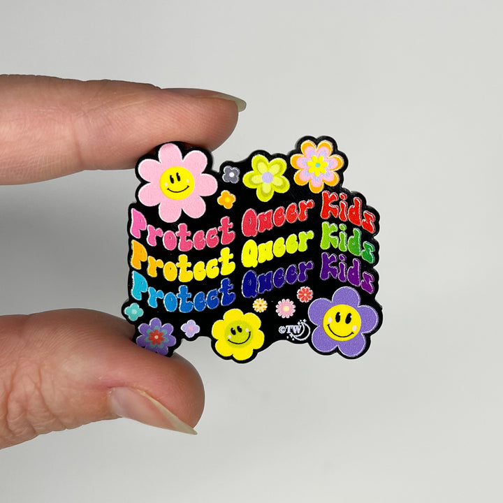 Retro Flowers Protect Queer Kids Black Acrylic Pin
