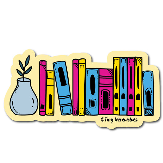 Original artwork by Tiny Werewolves | Pansexual Bookshelf Pride Sticker in | Shop to get your gender neutral Sticker