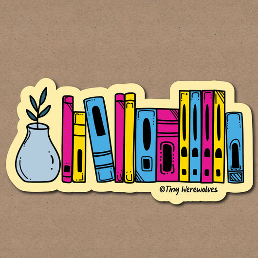 Original artwork by Tiny Werewolves | Pansexual Bookshelf Pride Sticker in 5" Sticker | Shop to get your gender neutral Sticker