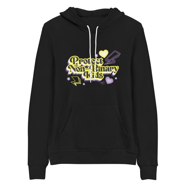 Original artwork by Tiny Werewolves | Retro Protect Non-Binary Kids Hoodie in Black | Shop to get your gender neutral Pullover Hoodie