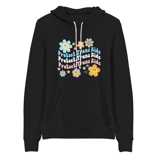 Original artwork by Tiny Werewolves | Retro Flowers Protect Trans Kids Hoodie in Black | Shop to get your gender neutral Pullover Hoodie