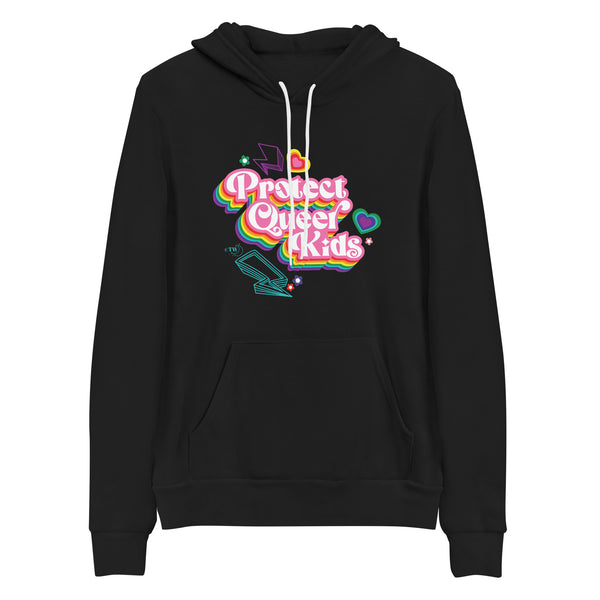 Original artwork by Tiny Werewolves | Retro Protect Queer Kids Hoodie in Black | Shop to get your gender neutral Pullover Hoodie