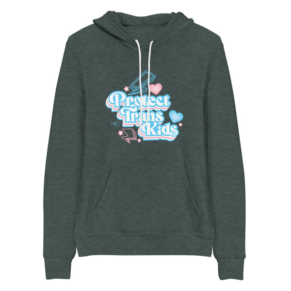 Original artwork by Tiny Werewolves | Retro Protect Trans Kids Hoodie in Heather Forest | Shop to get your gender neutral Pullover Hoodie