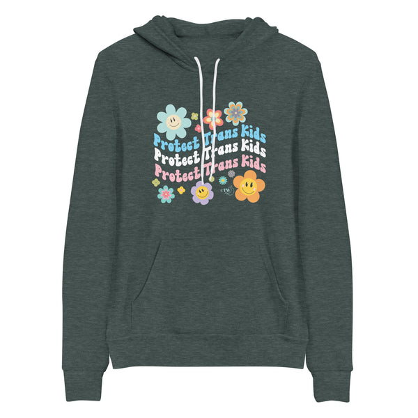 Original artwork by Tiny Werewolves | Retro Flowers Protect Trans Kids Hoodie in Heather Forest | Shop to get your gender neutral Pullover Hoodie