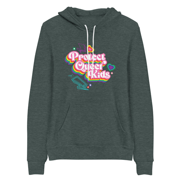 Original artwork by Tiny Werewolves | Retro Protect Queer Kids Hoodie in Heather Forest | Shop to get your gender neutral Pullover Hoodie