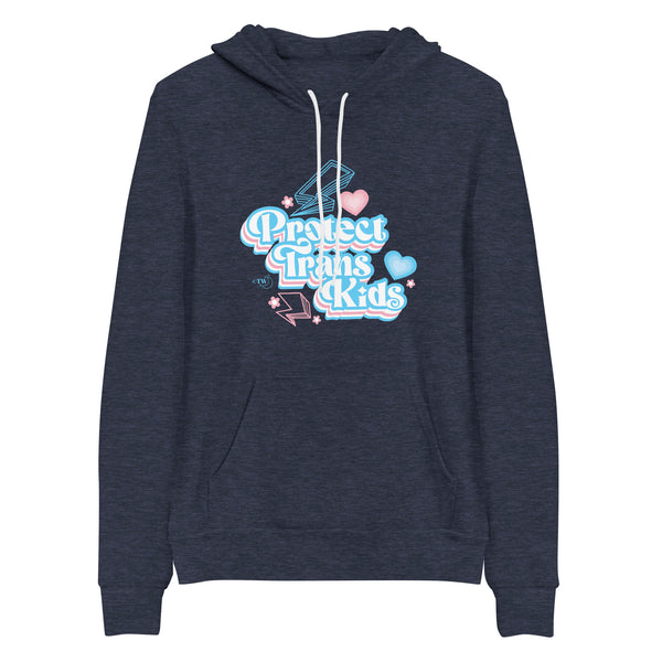 Original artwork by Tiny Werewolves | Retro Protect Trans Kids Hoodie in Heather Navy | Shop to get your gender neutral Pullover Hoodie