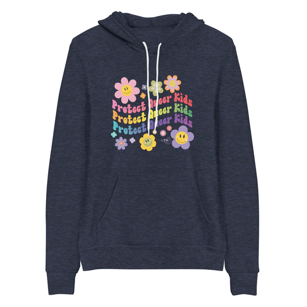 Original artwork by Tiny Werewolves | Retro Flowers Protect Queer Kids Hoodie in Heather Navy | Shop to get your gender neutral Pullover Hoodie