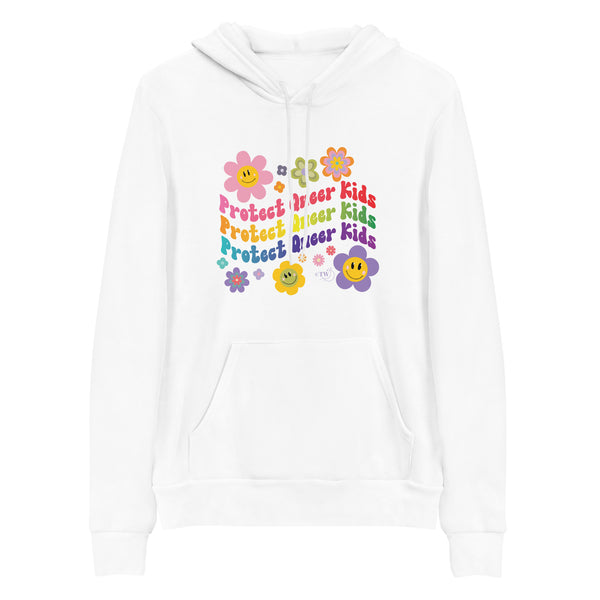 Original artwork by Tiny Werewolves | Retro Flowers Protect Queer Kids Hoodie in White | Shop to get your gender neutral Pullover Hoodie